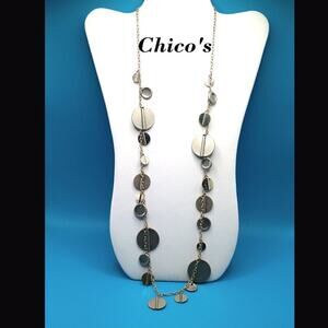 Chico's Long Round Charm Necklace, Silver Tone Chain Charms, 37 Inches